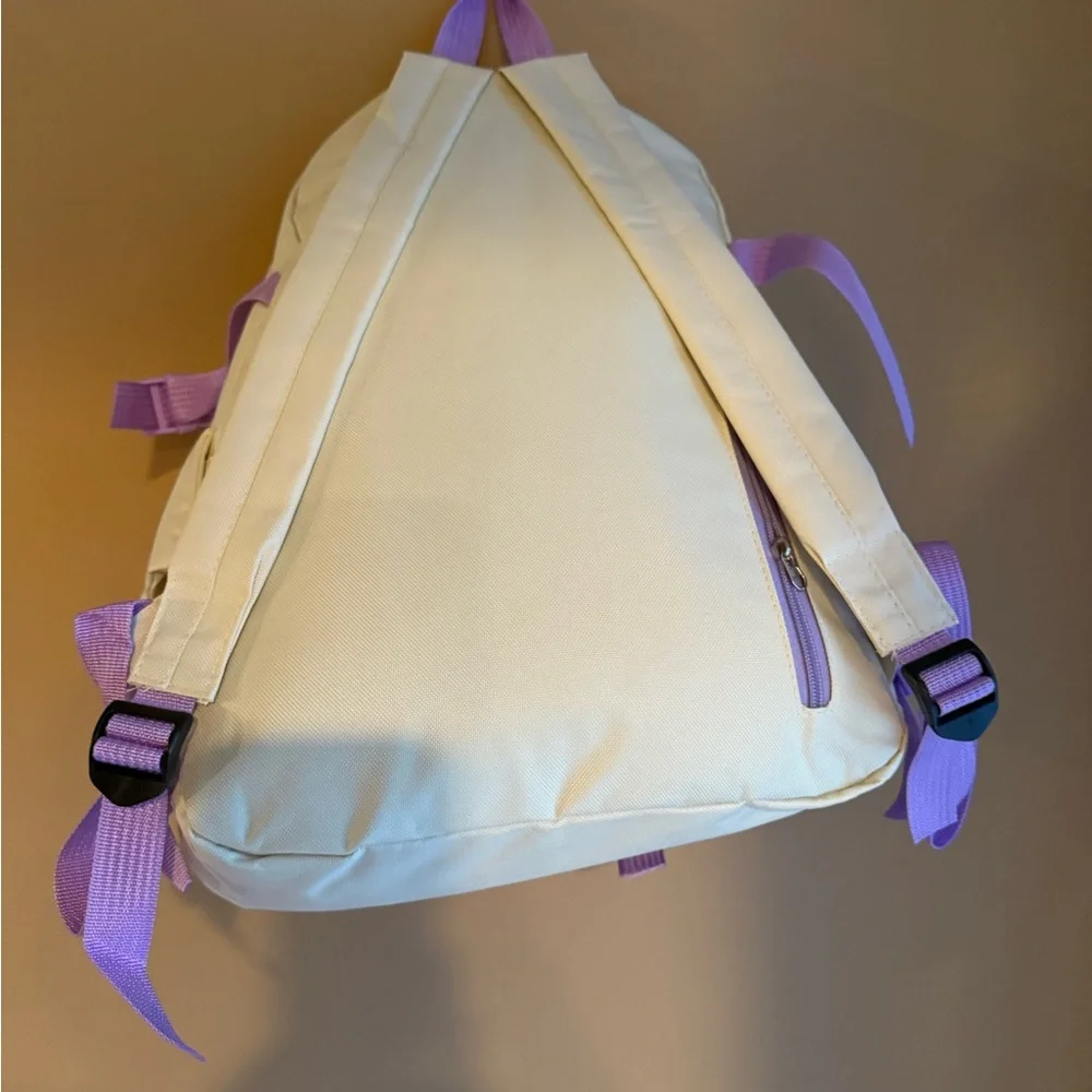 Cream Backpack with Purple Accents and Plush Keychain